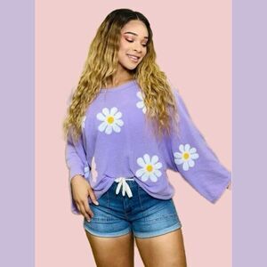 Bibi Daisy Days Print Cropped Sweater Oversized Kimono Sleeves Floral  Purple XL